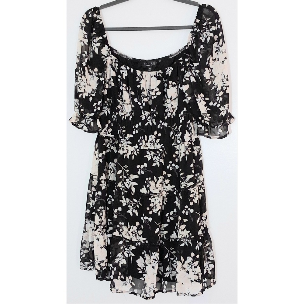 Trixxi Mini Dress Juniors Size XL Black Floral Puff Sleeves Cottagecore Boho